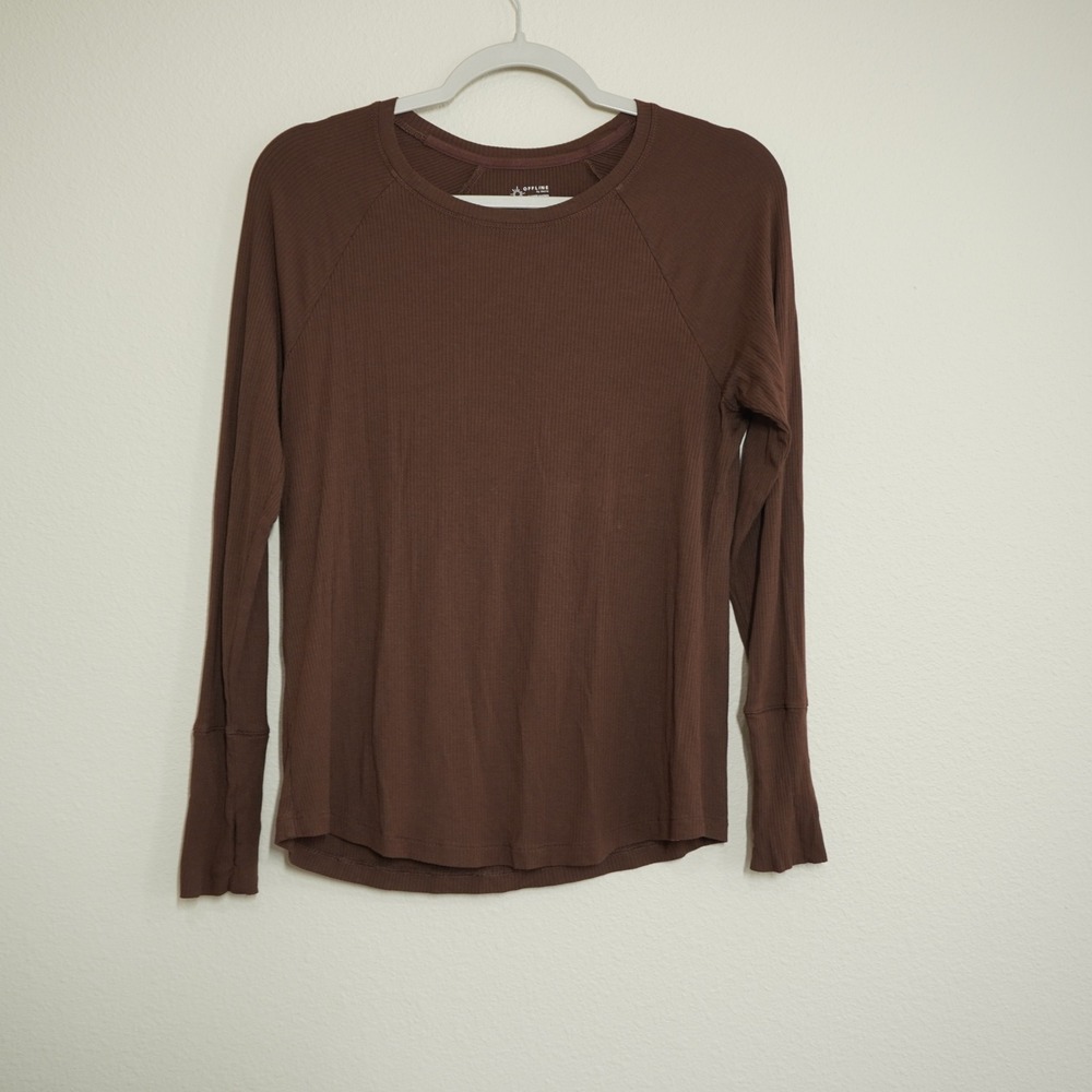 OFFLINE‎ by Aerie Brown Ribbed Long Sleeve Thumbhole Top Small Raglan Crew Neck